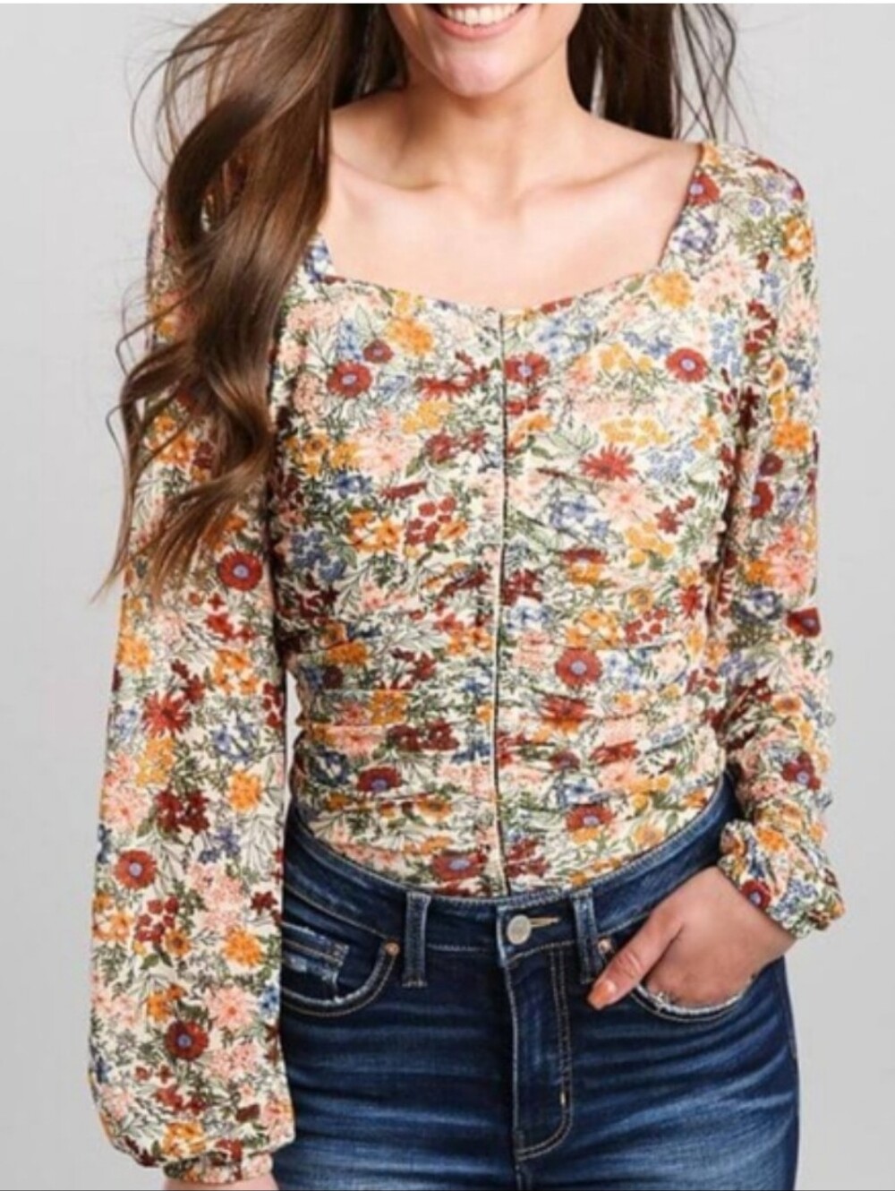 Gimmicks Square Neck Floral Ruched Top - Multicolor Size Large